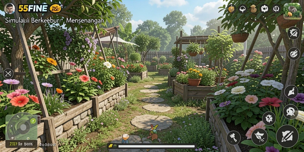 Tampilan menarik dari gameplay 55FIVE yang menampilkan berkebun dan panen.