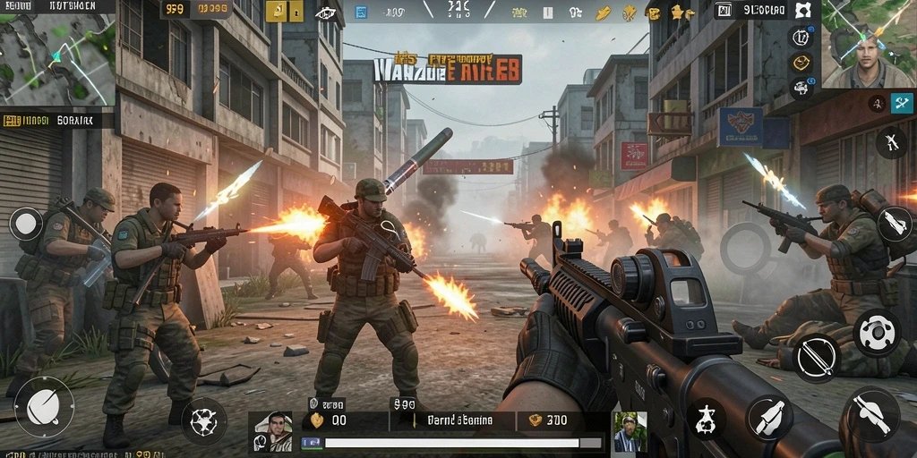 Screenshot gameplay intens dari 9399 menampilkan aksi FPS yang menegangkan.