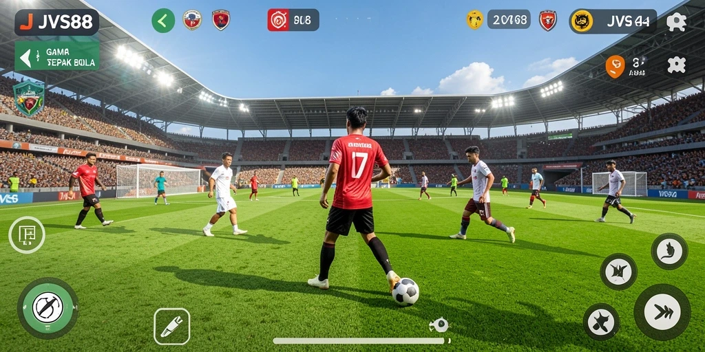 Screenshot gameplay JVS88 yang menunjukkan aksi seru di lapangan sepak bola.