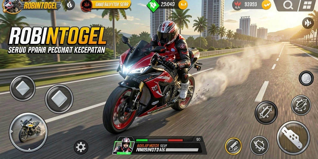 Screenshot gameplay ROBINTOGEL menampilkan aksi balap motor yang mendebarkan.