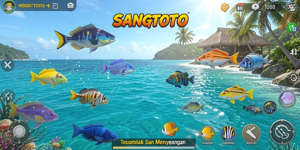 Tampilan gameplay SANGTOTO yang memukau dengan berbagai ikan yang menunggu untuk ditembak.