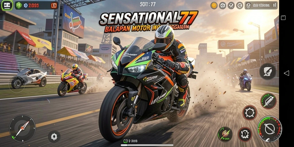Gameplay menegangkan SENSATIONAL77 saat balapan motor di trek yang menantang.