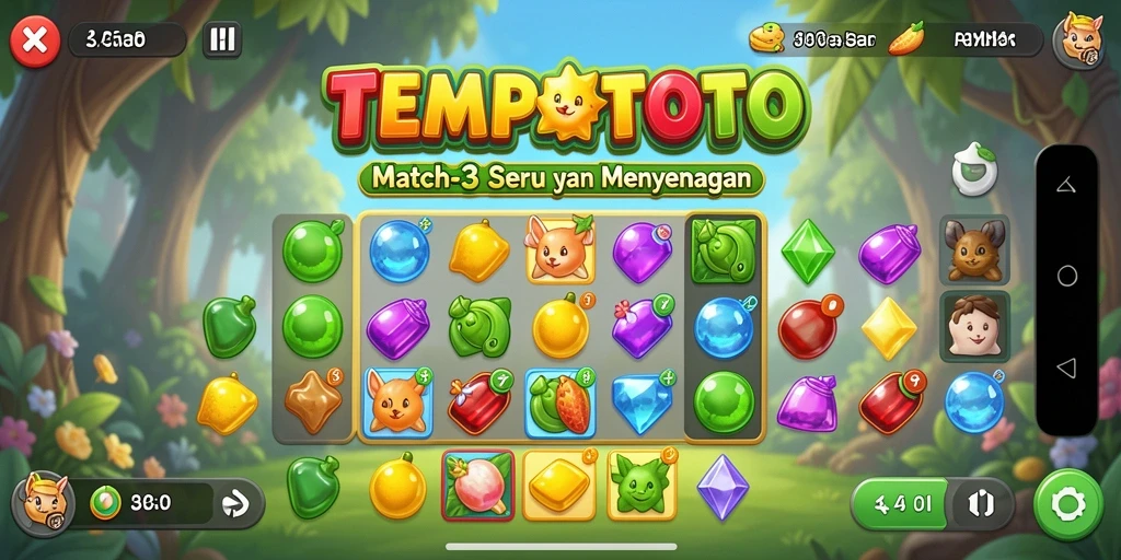 Tampilan gameplay TEMPOTOTO yang penuh warna dengan tantangan Match-3.