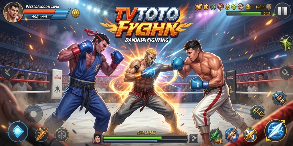 Screenshot utama TVTOTO menampilkan pertarungan seru antar karakter.